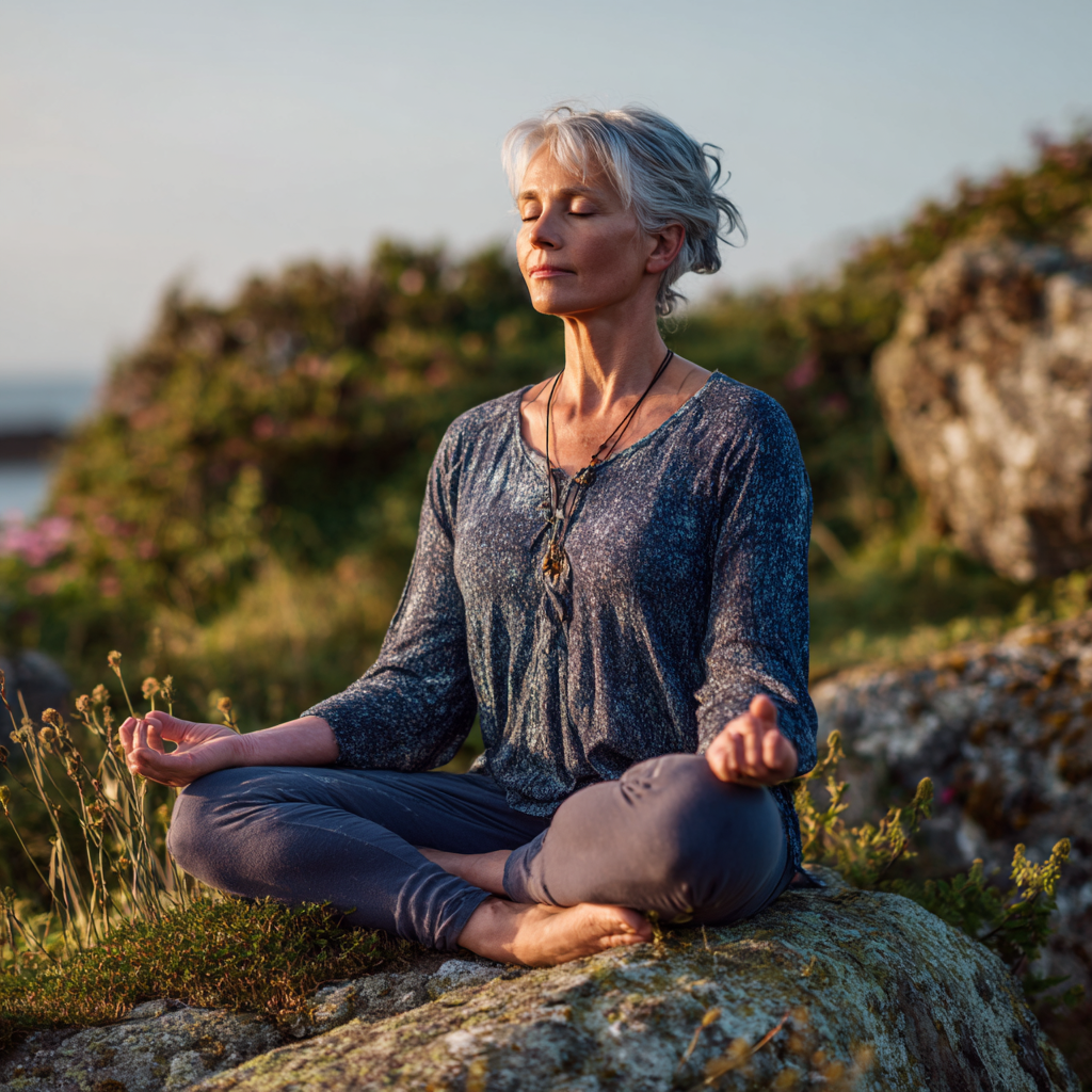 mature woman practicing gentle yoga poses outdoors in natural setting