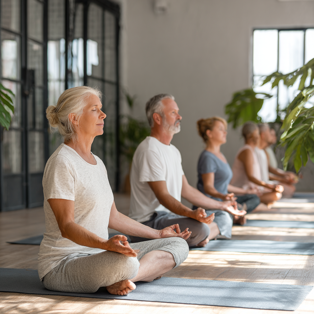 peaceful yoga studio interior with mature practitioners in comfortable poses